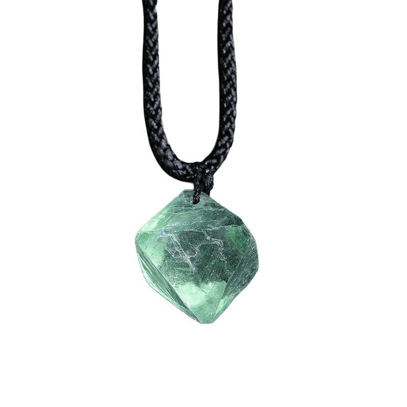 Natural Raw Green Fluorite Octahedron Crystal Pendant with Black Cord, White Background