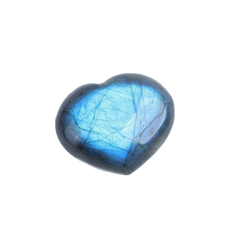 Single Polished Labradorite Heart Stone on White Background, Blue Flash Crystal
