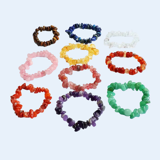Assorted natural crystal chip stretch bracelets wholesale, mixed gemstone healing bracelets