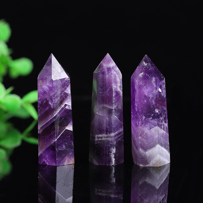Natural chevron amethyst crystal tower point, polished purple chevron quartz wand obelisk
