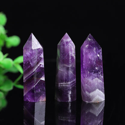 Natural chevron amethyst crystal tower point, polished purple chevron quartz wand obelisk
