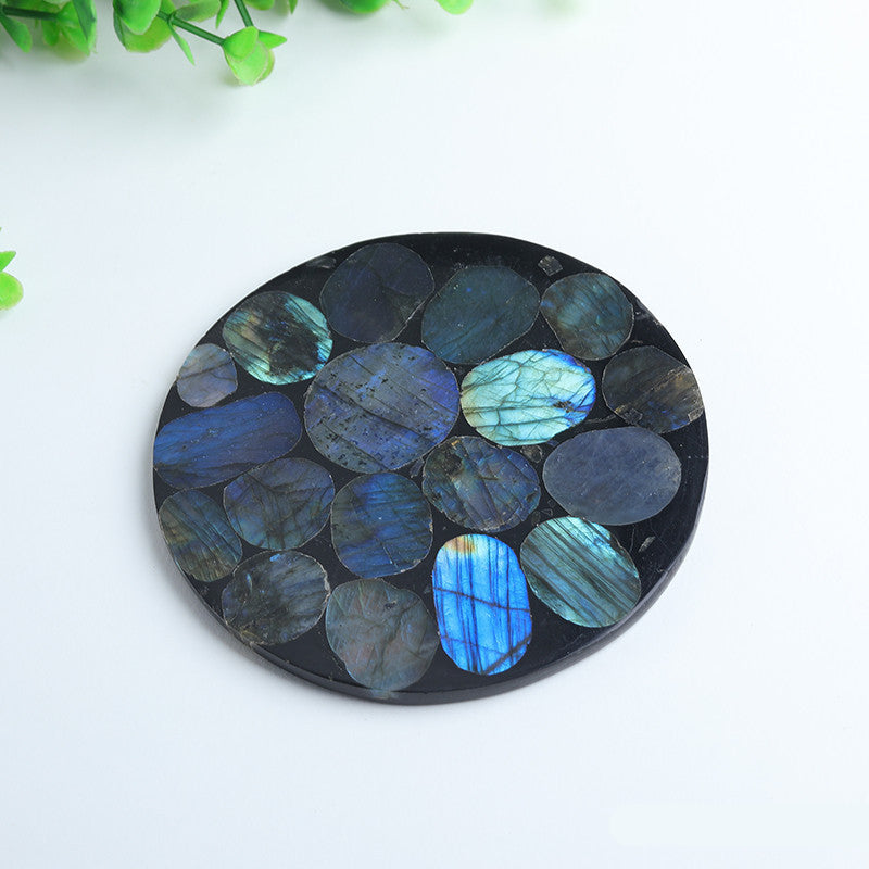 Flashy Labradorite Inlaid Round Resin Coaster Crystal Home Decor