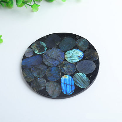 Flashy Labradorite Inlaid Round Resin Coaster Crystal Home Decor
