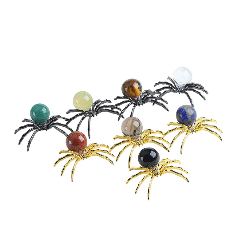 Mixed Natural Crystal Sphere Spider Ornaments Handmade Alloy Spider Figurines Wholesale