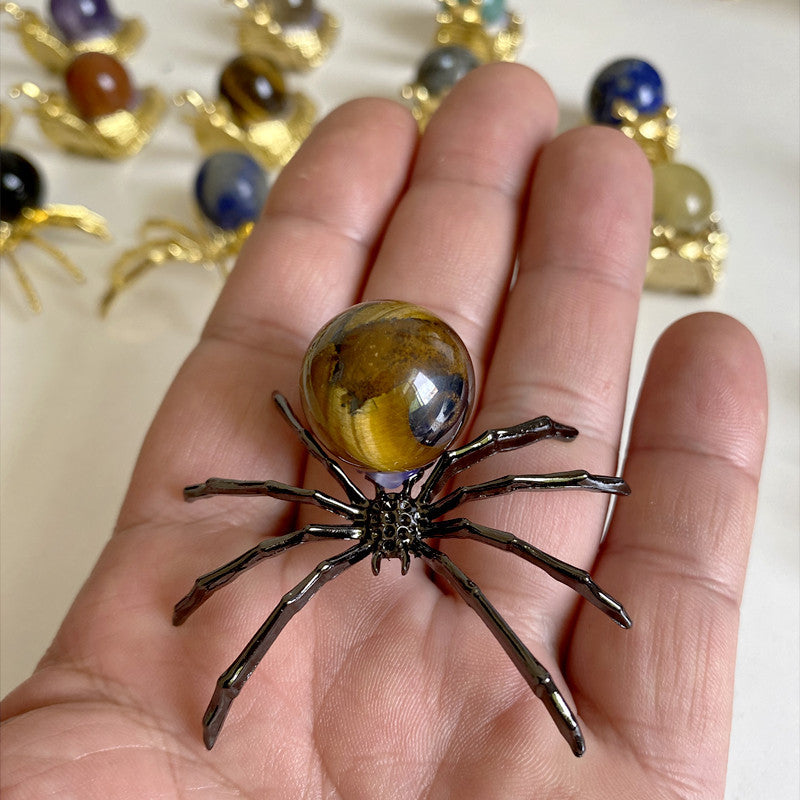 Natural Crystal Spider Ornament with Tiger Eye Sphere