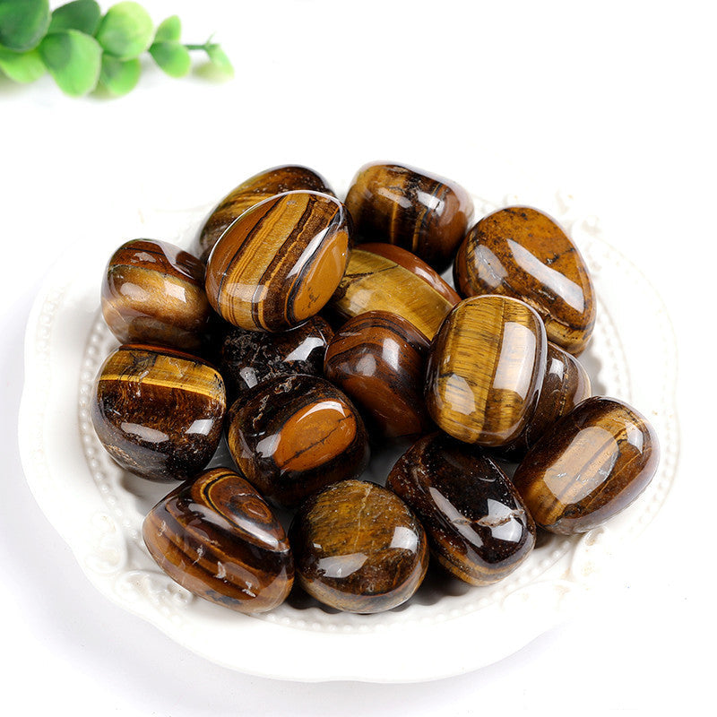 Natural Polished Tumbled Tiger's Eye Stones, Tiger Eye Tumbles on White Plate for Crystal Wholesale