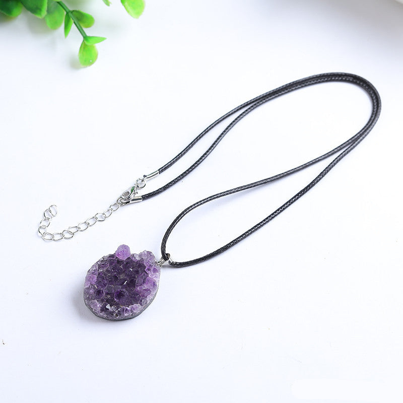Natural Uruguayan Amethyst Cluster Pendant, Raw Crystal Geode Slice Necklace on Black Cord, Wholesale Crystal Jewelry Supply