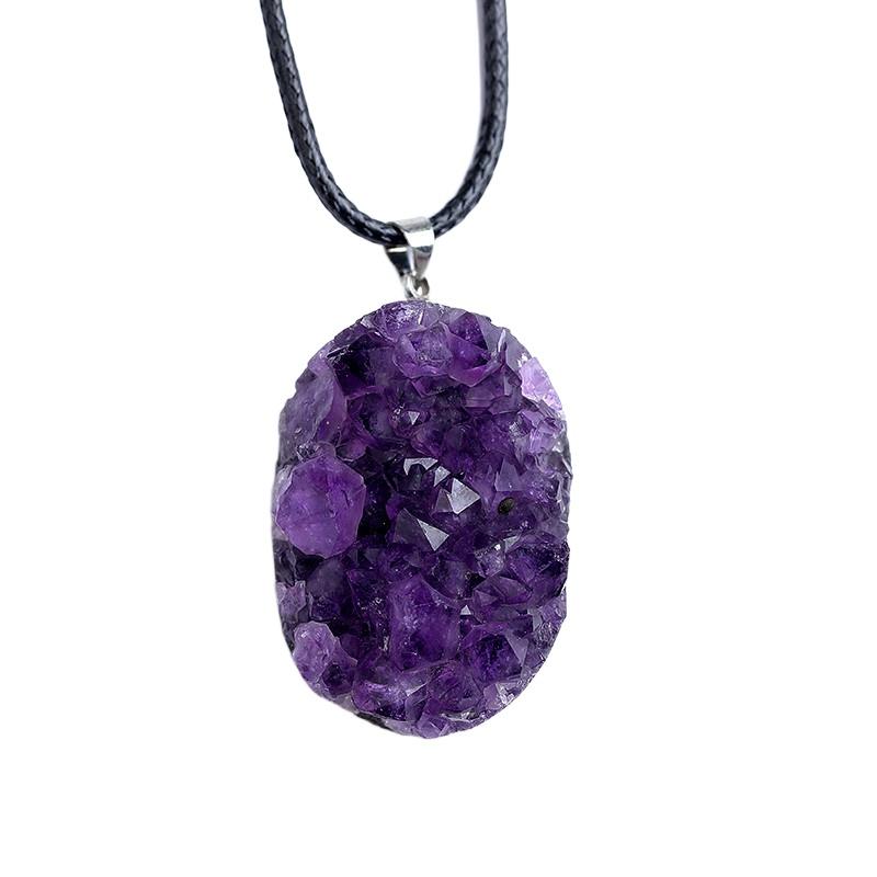 Natural Uruguayan Amethyst Cluster Pendant, Raw Crystal Geode Slice Necklace on Black Cord, Wholesale Crystal Jewelry Supply