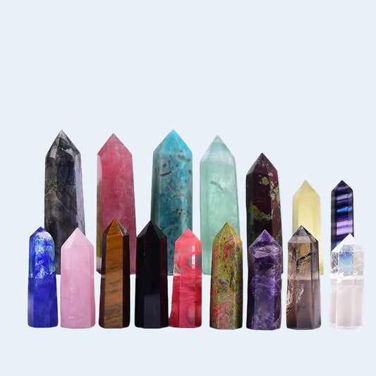 Wholesale natural crystal tower points bulk assortment, polished hexagonal crystal wands in various stones
