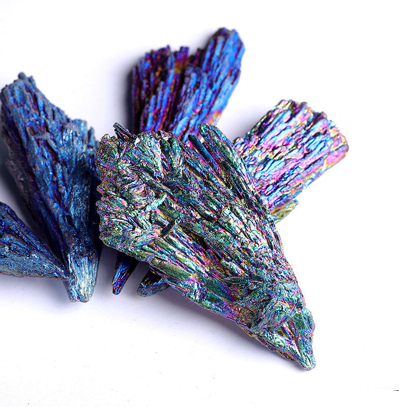 Bulk aura kyanite feather rough stones isolated on white background for crystal wholesale