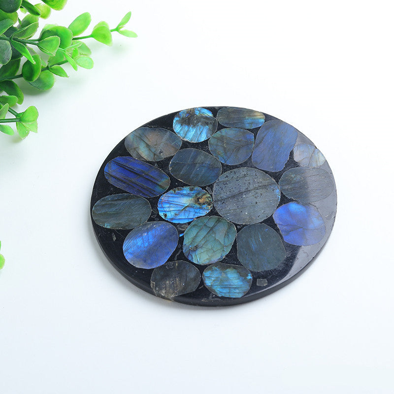 Round resin coasters embedded with natural flashy labradorite slices