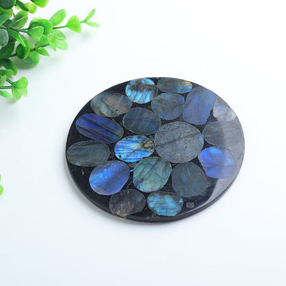 Round resin coasters embedded with natural flashy labradorite slices