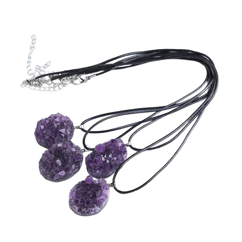 Natural Uruguayan Amethyst Cluster Pendant, Raw Crystal Geode Slice Necklace on Black Cord, Wholesale Crystal Jewelry Supply