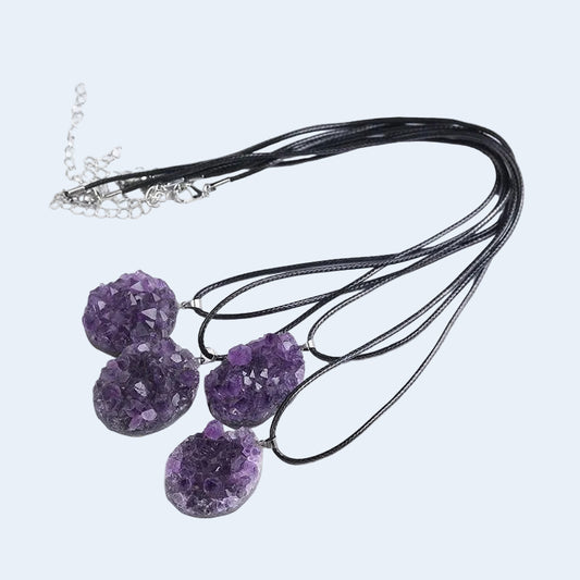 Natural Uruguayan Amethyst Cluster Pendant, Raw Crystal Geode Slice Necklace on Black Cord, Wholesale Crystal Jewelry Supply