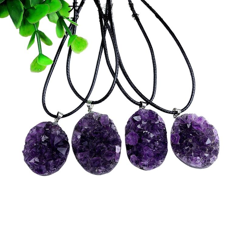 Natural Uruguayan Amethyst Cluster Pendant, Raw Crystal Geode Slice Necklace on Black Cord, Wholesale Crystal Jewelry Supply