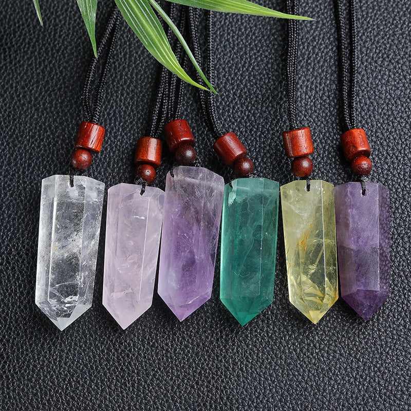 Wholesale mixed natural crystal tower point pendants, amethyst, clear quartz, rose quartz, green fluorite, citrine, with adjustable cord, bulk crystal jewelry for resale
