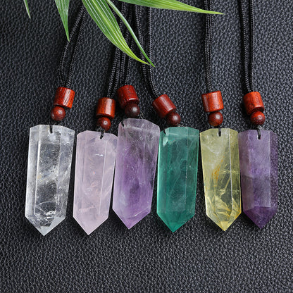 Wholesale mixed natural crystal tower point pendants, amethyst, clear quartz, rose quartz, green fluorite, citrine, with adjustable cord, bulk crystal jewelry for resale
