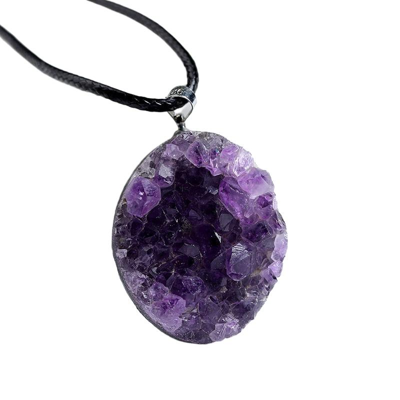 Natural Uruguayan Amethyst Cluster Pendant, Raw Crystal Geode Slice Necklace on Black Cord, Wholesale Crystal Jewelry Supply