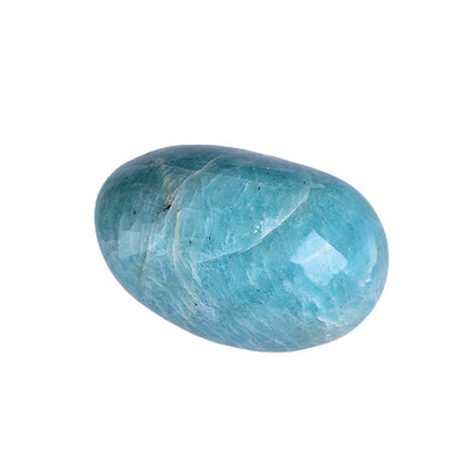 Natural amazonite palm worry stone on white background, bulk wholesale polished crystal