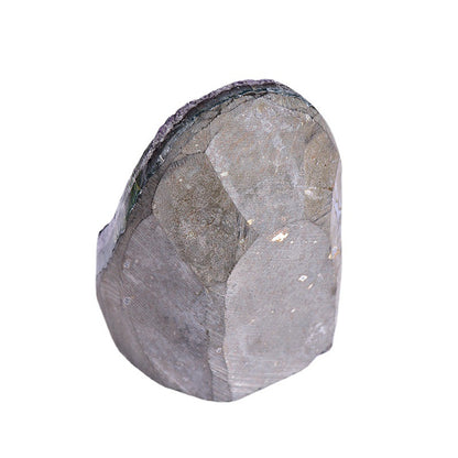 Side view of natural amethyst geode, rough outer rock matrix with polished flat base