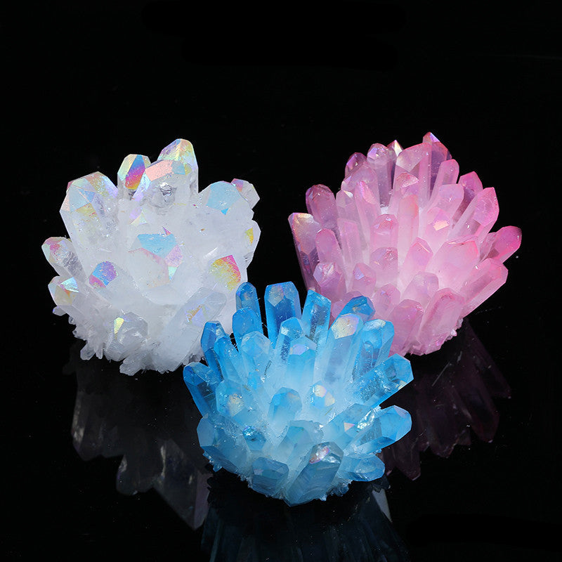 Bulk stacked aura electroplated quartz crystal clusters, wholesale for crystal shop resale