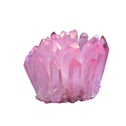 Single electroplated aura quartz crystal cluster on white background, wholesale crystal