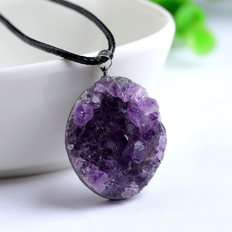 Natural Uruguayan Amethyst Cluster Pendant, Raw Crystal Geode Slice Necklace on Black Cord, Wholesale Crystal Jewelry Supply