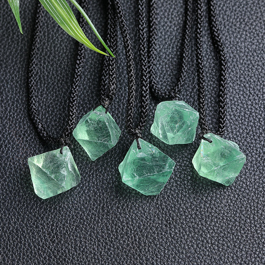 Natural Green Fluorite Octahedron Raw Crystal Pendants with Black Braided Cords, Wholesale Crystal Necklaces