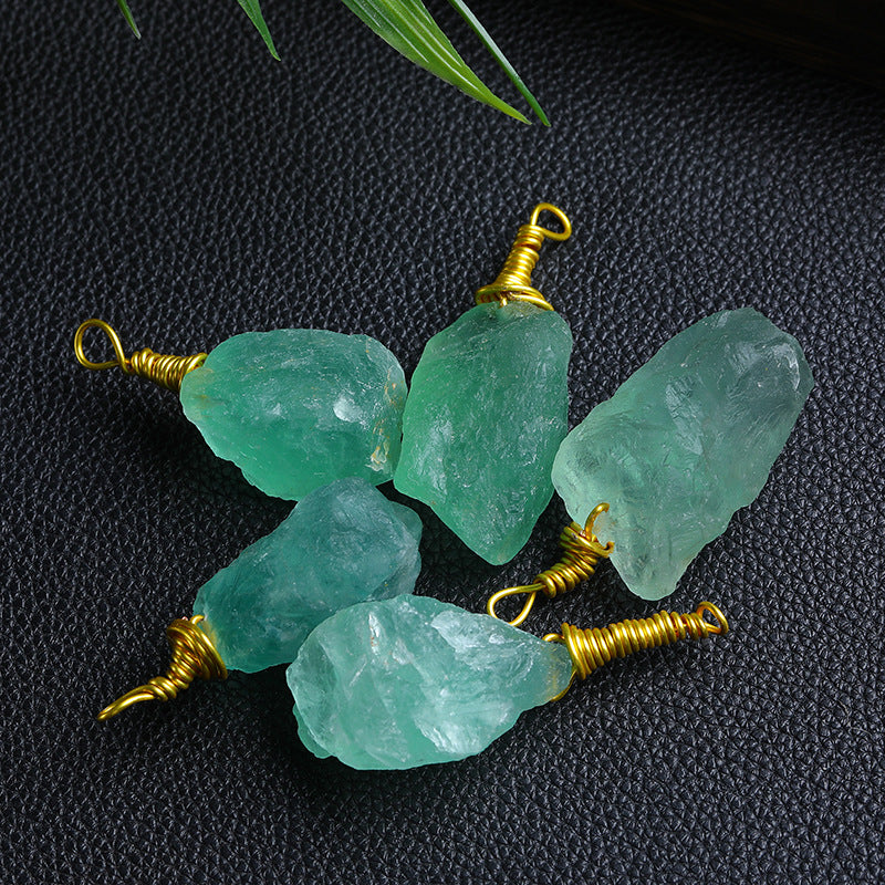 Natural Raw Green Fluorite Wire Wrapped Crystal Pendants with Gold Wire, Wholesale Bulk