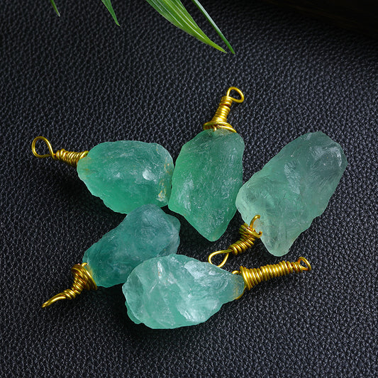 Natural Raw Green Fluorite Wire Wrapped Crystal Pendants with Gold Wire, Wholesale Bulk