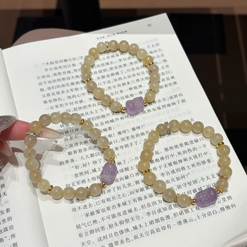 Hand‑made gold-rutile-amethyst beaded bracelet with gold metal accents, wholesale bulk
