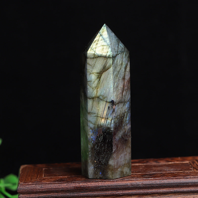 Natural labradorite crystal tower point, polished gray feldspar obelisk with blue gold iridescent flash
