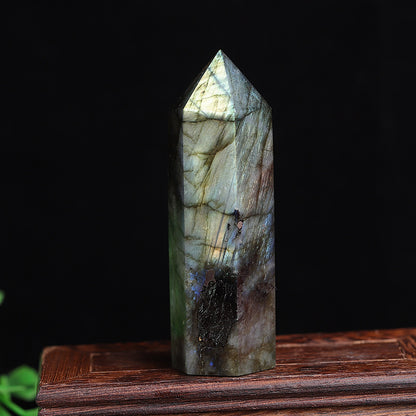 Natural labradorite crystal tower point, polished gray feldspar obelisk with blue gold iridescent flash
