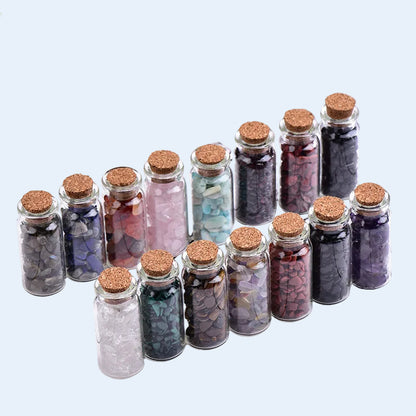 Mini glass wishing bottle with natural crystal chips, mixed tumbled gemstone chips, healing crystal specimen bottle for home decor, gift and crystal collection