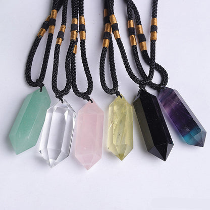Natural crystal point pendant necklace, hexagonal wand crystal stone with braided cord, wholesale bulk crystal jewelry, amethyst, clear quartz, tiger eye, lapis lazuli