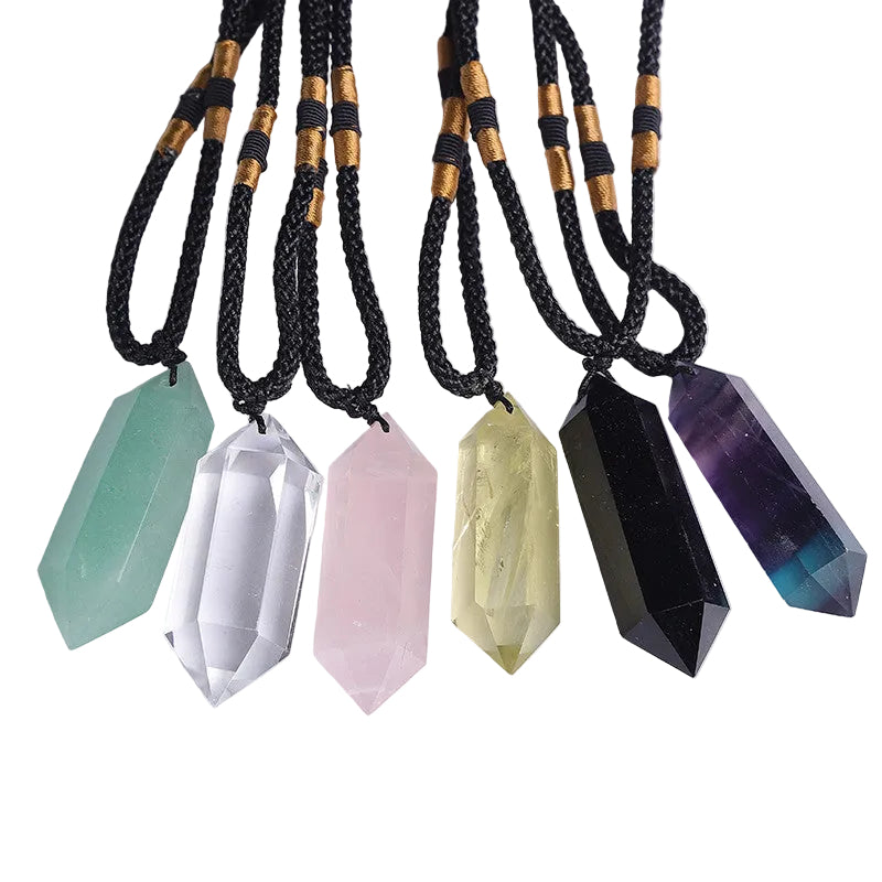 Natural crystal point pendant necklace, hexagonal wand crystal stone with braided cord, wholesale bulk crystal jewelry, amethyst, clear quartz, tiger eye, lapis lazuli