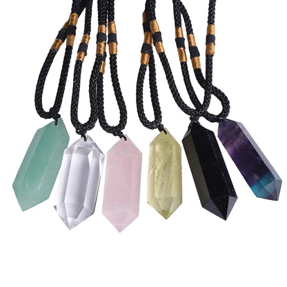 Natural crystal point pendant necklace, hexagonal wand crystal stone with braided cord, wholesale bulk crystal jewelry, amethyst, clear quartz, tiger eye, lapis lazuli