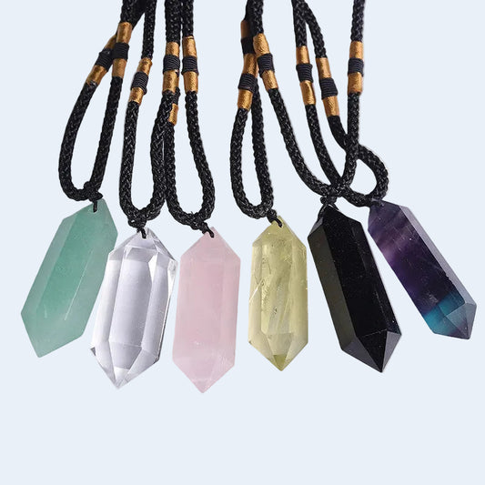 Natural crystal point pendant necklace, hexagonal wand crystal stone with braided cord, wholesale bulk crystal jewelry, amethyst, clear quartz, tiger eye, lapis lazuli