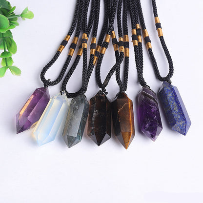 Natural crystal point pendant necklace, hexagonal wand crystal stone with braided cord, wholesale bulk crystal jewelry, amethyst, clear quartz, tiger eye, lapis lazuli