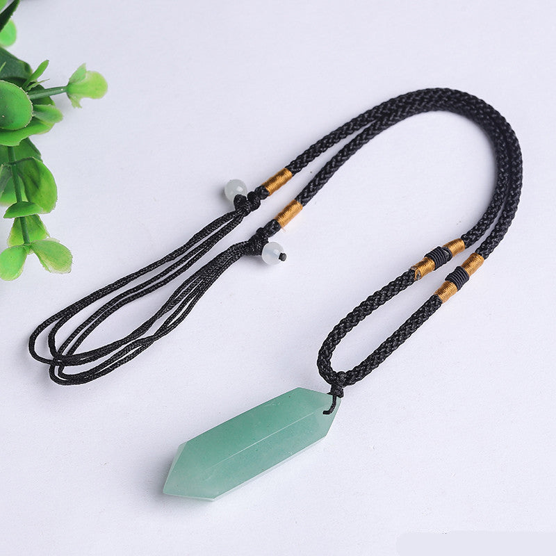 Natural crystal point pendant necklace, hexagonal wand crystal stone with braided cord, wholesale bulk crystal jewelry, amethyst, clear quartz, tiger eye, lapis lazuli
