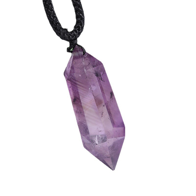 Natural crystal point pendant necklace, hexagonal wand crystal stone with braided cord, wholesale bulk crystal jewelry, amethyst, clear quartz, tiger eye, lapis lazuli
