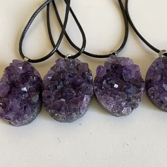 Natural Uruguayan Amethyst Cluster Pendant, Raw Crystal Geode Slice Necklace on Black Cord, Wholesale Crystal Jewelry Supply