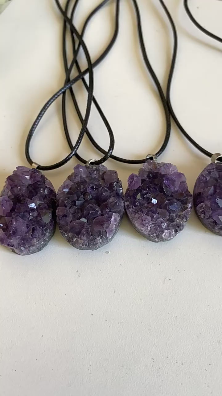 Natural Uruguayan Amethyst Cluster Pendant, Raw Crystal Geode Slice Necklace on Black Cord, Wholesale Crystal Jewelry Supply