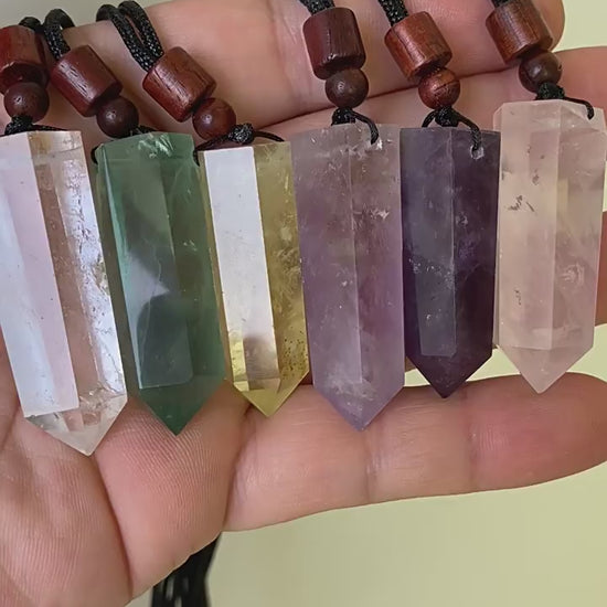 Natural polished crystal tower pendant with wooden bead adjustable necklace cord, crystal jewelry making supply bulk wholesale