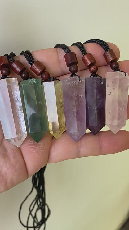 Natural polished crystal tower pendant with wooden bead adjustable necklace cord, crystal jewelry making supply bulk wholesale