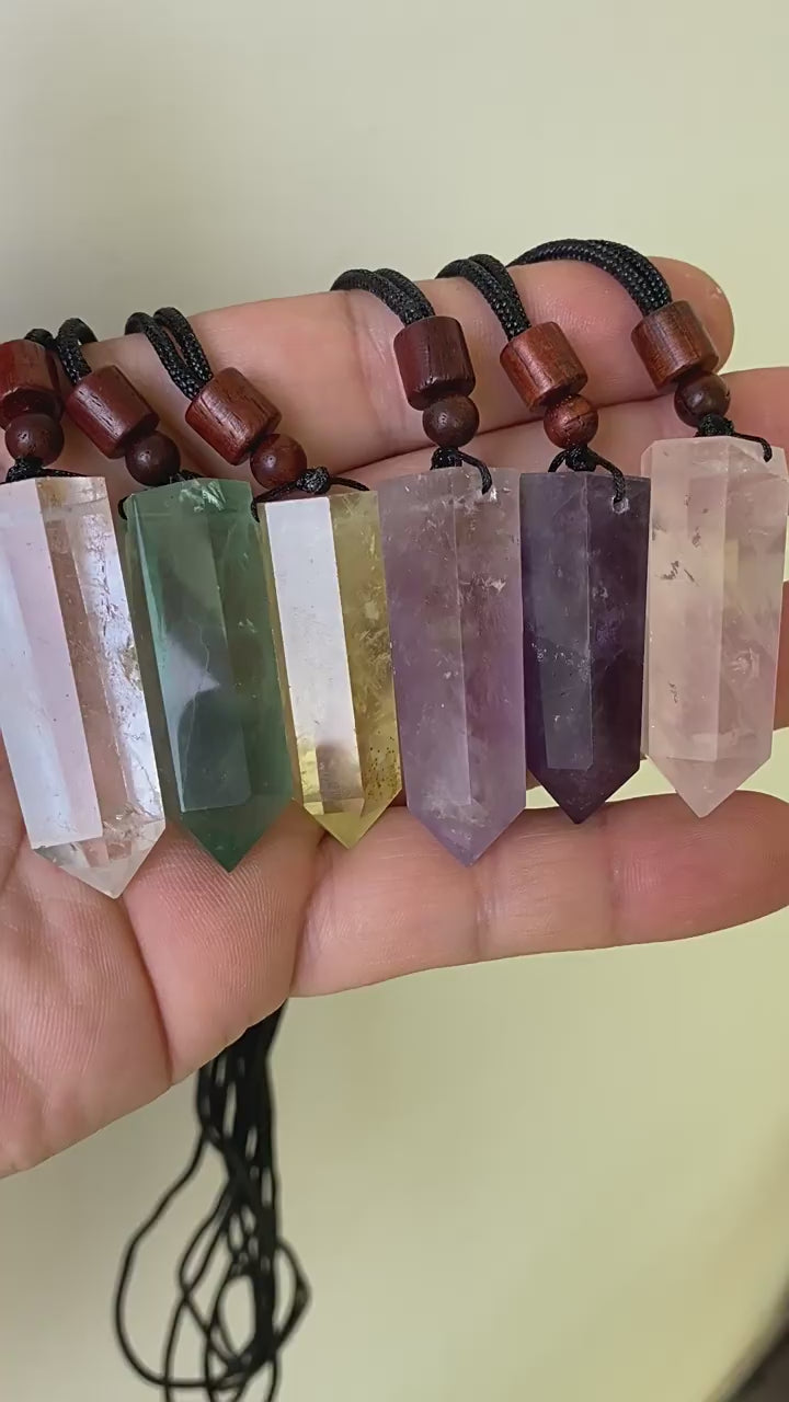 Natural polished crystal tower pendant with wooden bead adjustable necklace cord, crystal jewelry making supply bulk wholesale