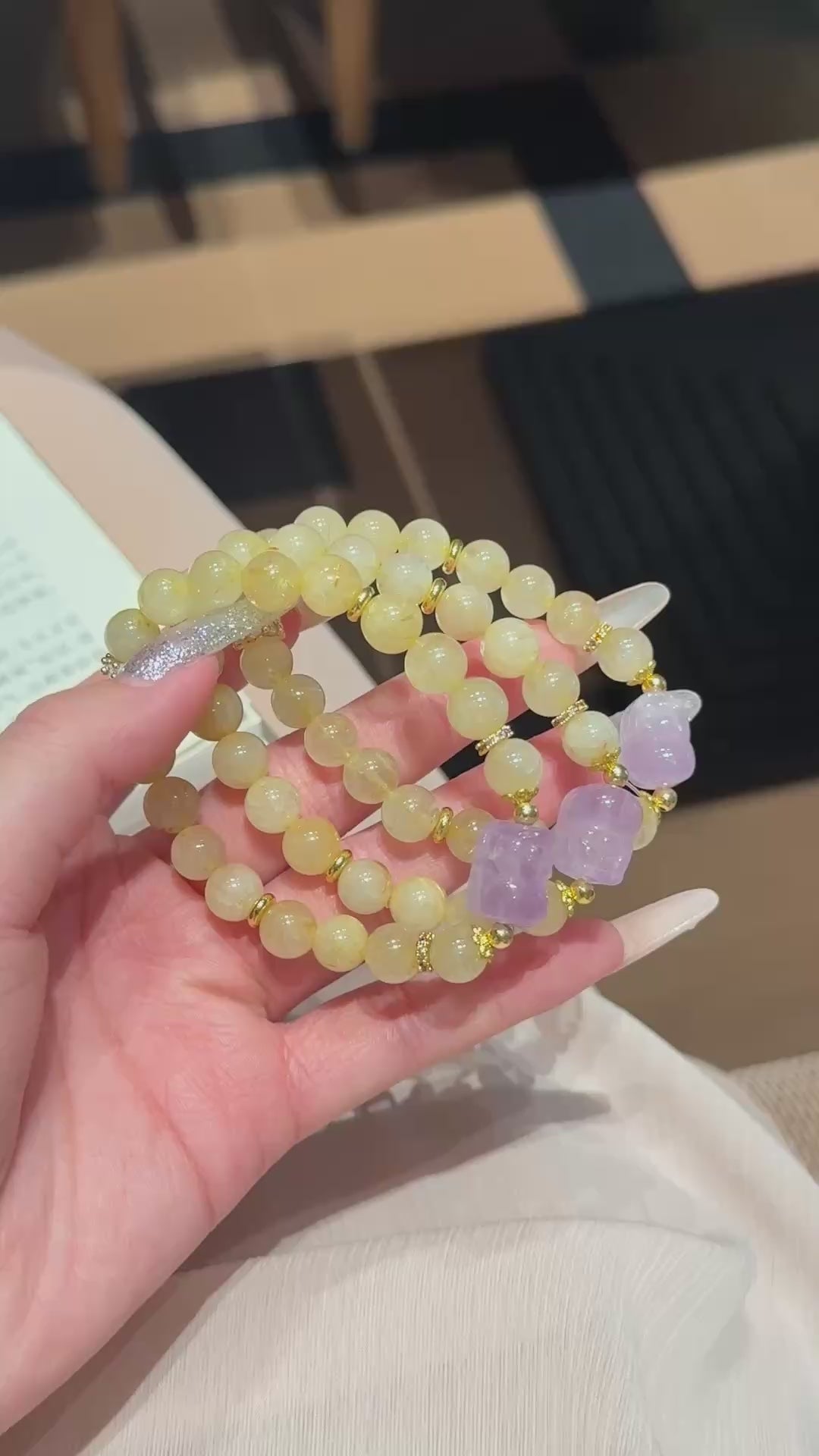 Hand‑made gold-rutile-amethyst beaded bracelet with gold metal accents, wholesale bulk