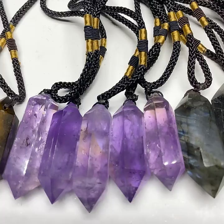 Natural double point hexagonal crystal pendant necklace, mixed gemstone wand with adjustable braided cord, bulk wholesale crystal jewelry, rose quartz, clear quartz, green aventurine, citrine, black obsidian, amethyst