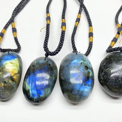 Natural Labradorite Pendant Necklace, Polished Spectrolite Stone Pendant with Adjustable Cord, Bulk Wholesale Crystal Jewelry