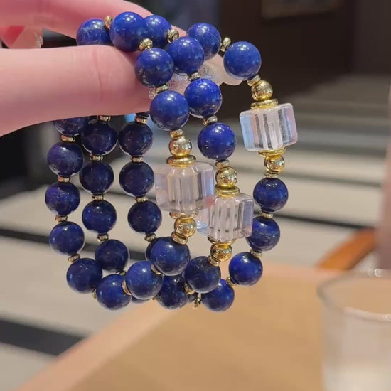 Hand‑made lapis lazuli beaded bracelet with gold metal accents, wholesale bulk